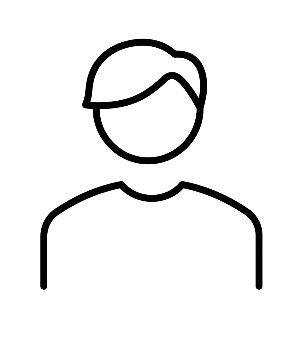 Minimalistisches Avatar-Icon: schwarze Linienkontur einer Person mit kurzem Haar.